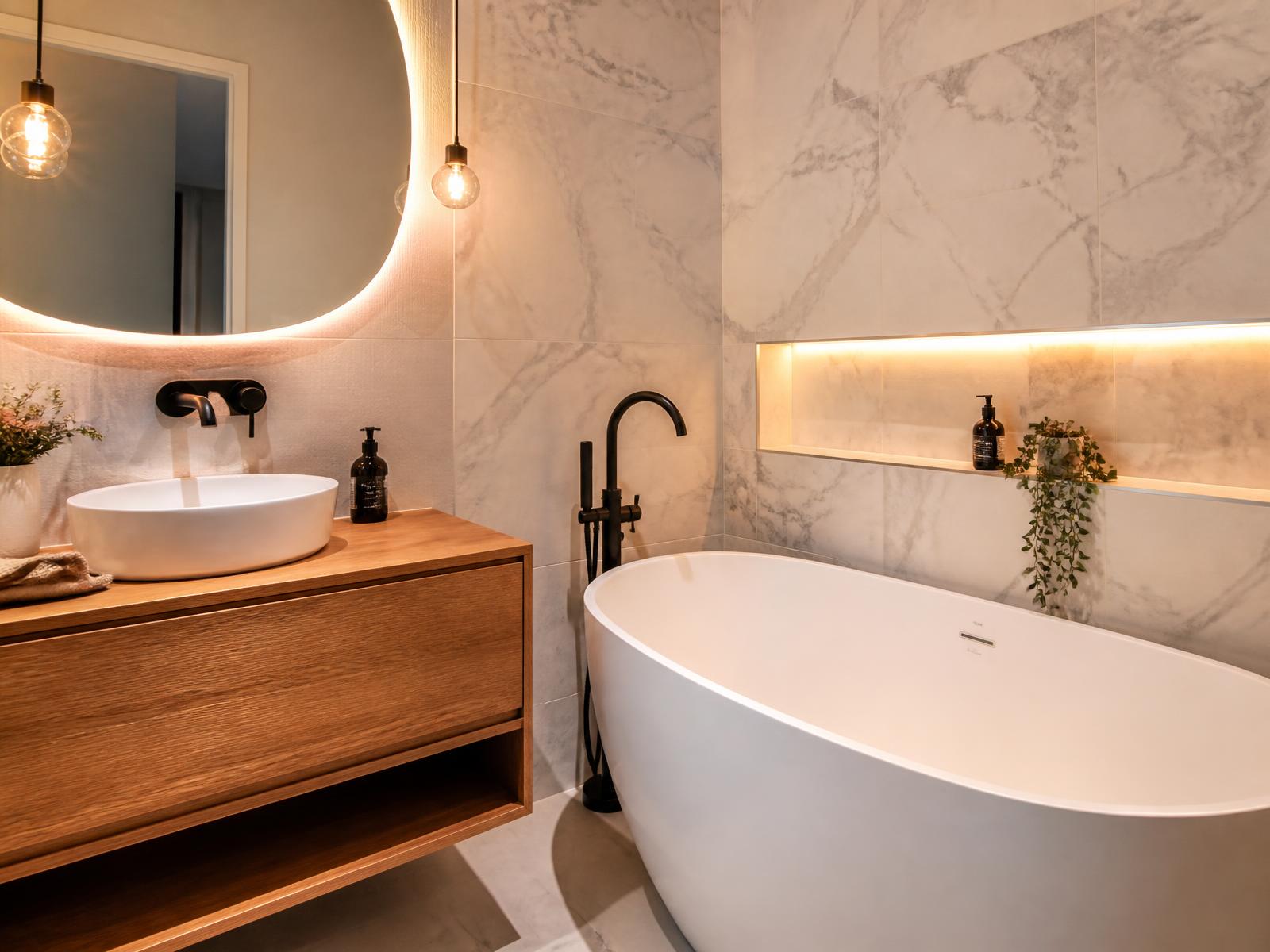 Ensuite bathroom renovation with freestanding tub and marble-look tile