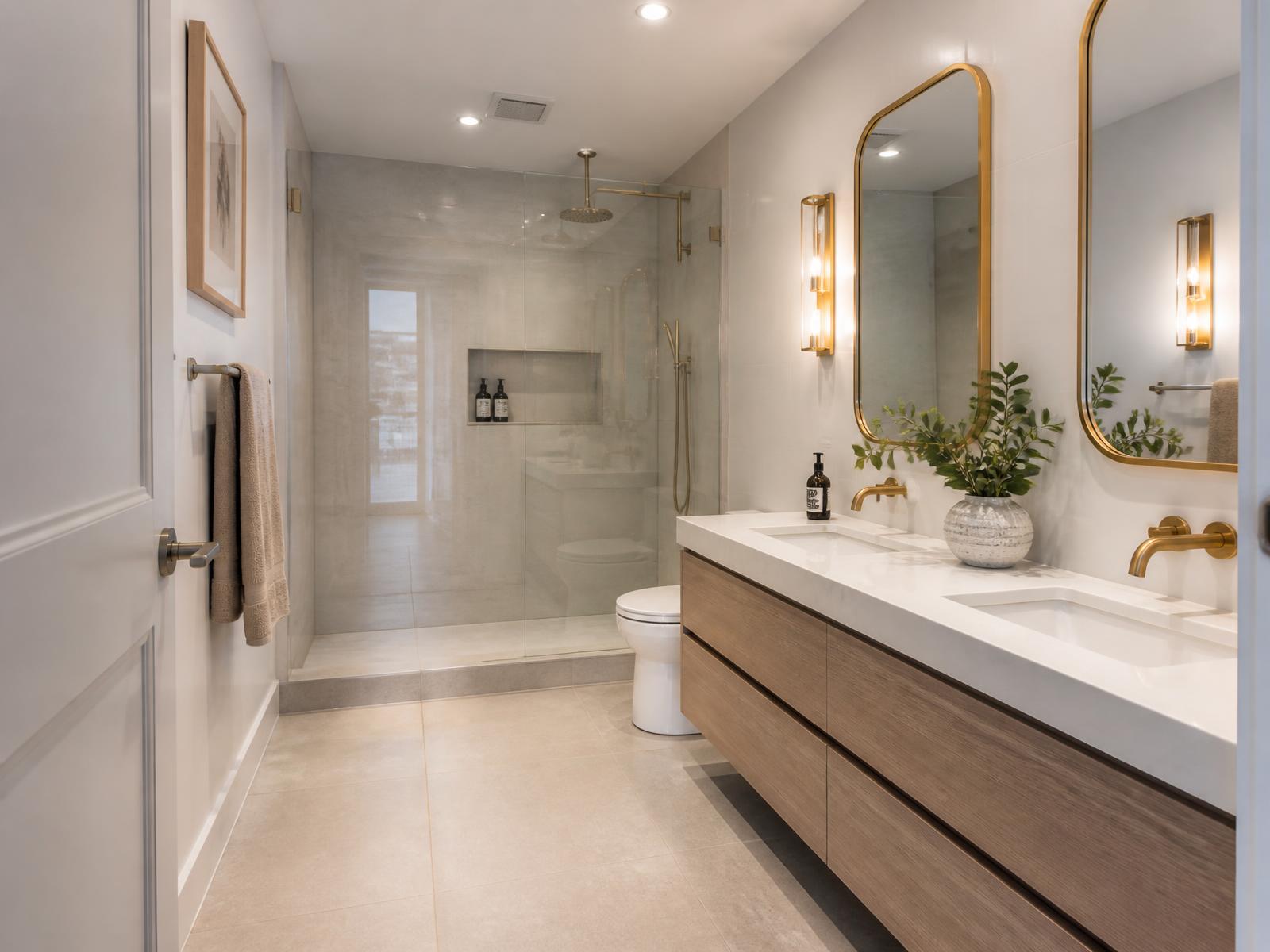 Renovated Toronto bathroom with walk-in glass shower and floating wood vanity