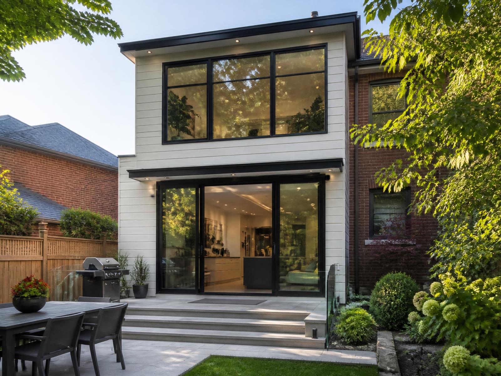 Modern two-storey rear addition with large windows on a Toronto brick home