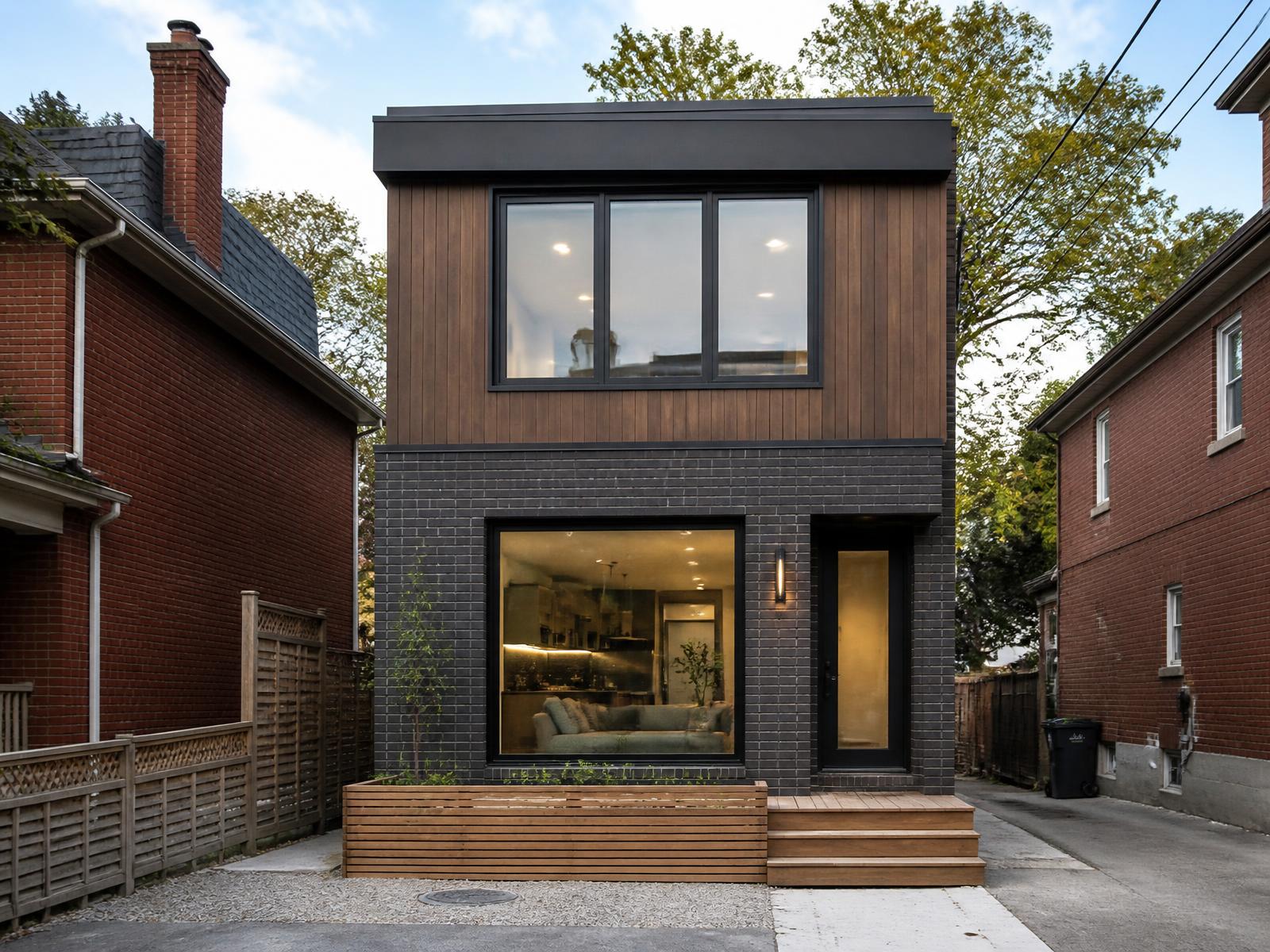 Two-storey laneway suite with dark brick and wood cladding behind a Toronto home